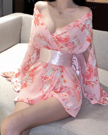 [B01] Japanese Style Deep V-neck Cardigan Pink Floral Waist Slimming Kimono