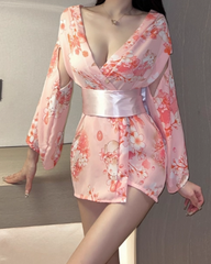[B01] Japanese Style Deep V-neck Cardigan Pink Floral Waist Slimming Kimono