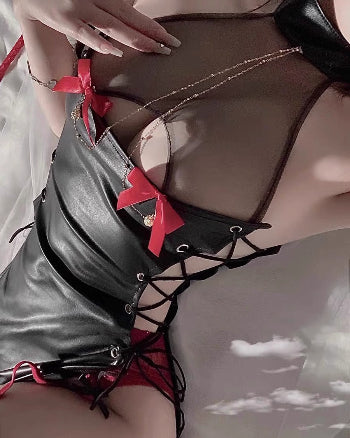 [D03] Witch Game Patent Leather Bow Bell Side-slit Dress