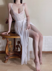 [C05] Tulle Semi-transparent Suspender Side-slit Maxi Dress