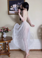 [C05] Tulle Semi-transparent Suspender Side-slit Maxi Dress