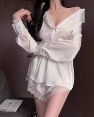 [C06] High-quality Silk Satin Thin Long Sleeve V-neck Shirt