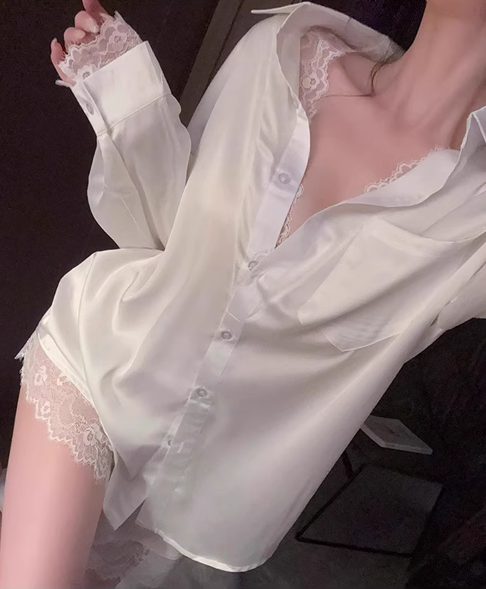 [C06] High-quality Silk Satin Thin Long Sleeve V-neck Shirt