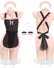 [E03] Black And Pink Lace Maid Apron with Front And Back Cover