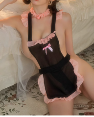 [E03] Black And Pink Lace Maid Apron with Front And Back Cover